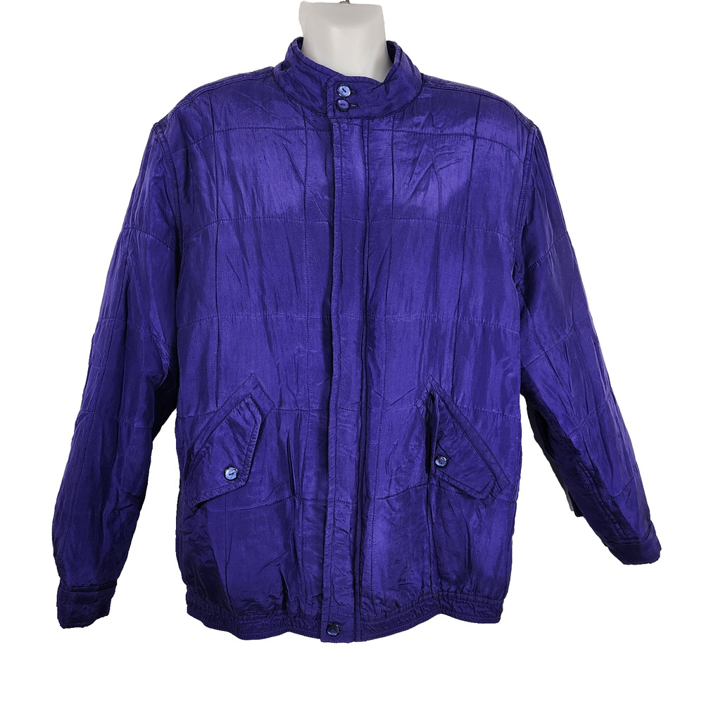Vintage Clio Petites Womens 100% Silk Quilted Bomber Jacket Size PL Purple Lined